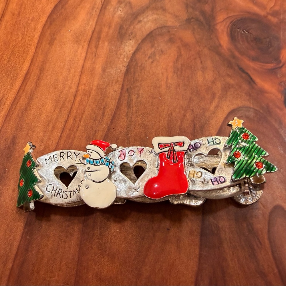 Vintage Christmas Charm Slide Bracelet Enamel Silver Tone Snowmen Stocking Tree